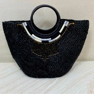 INC International Concepts Black Beaded Tasseled Straw Tote Bag